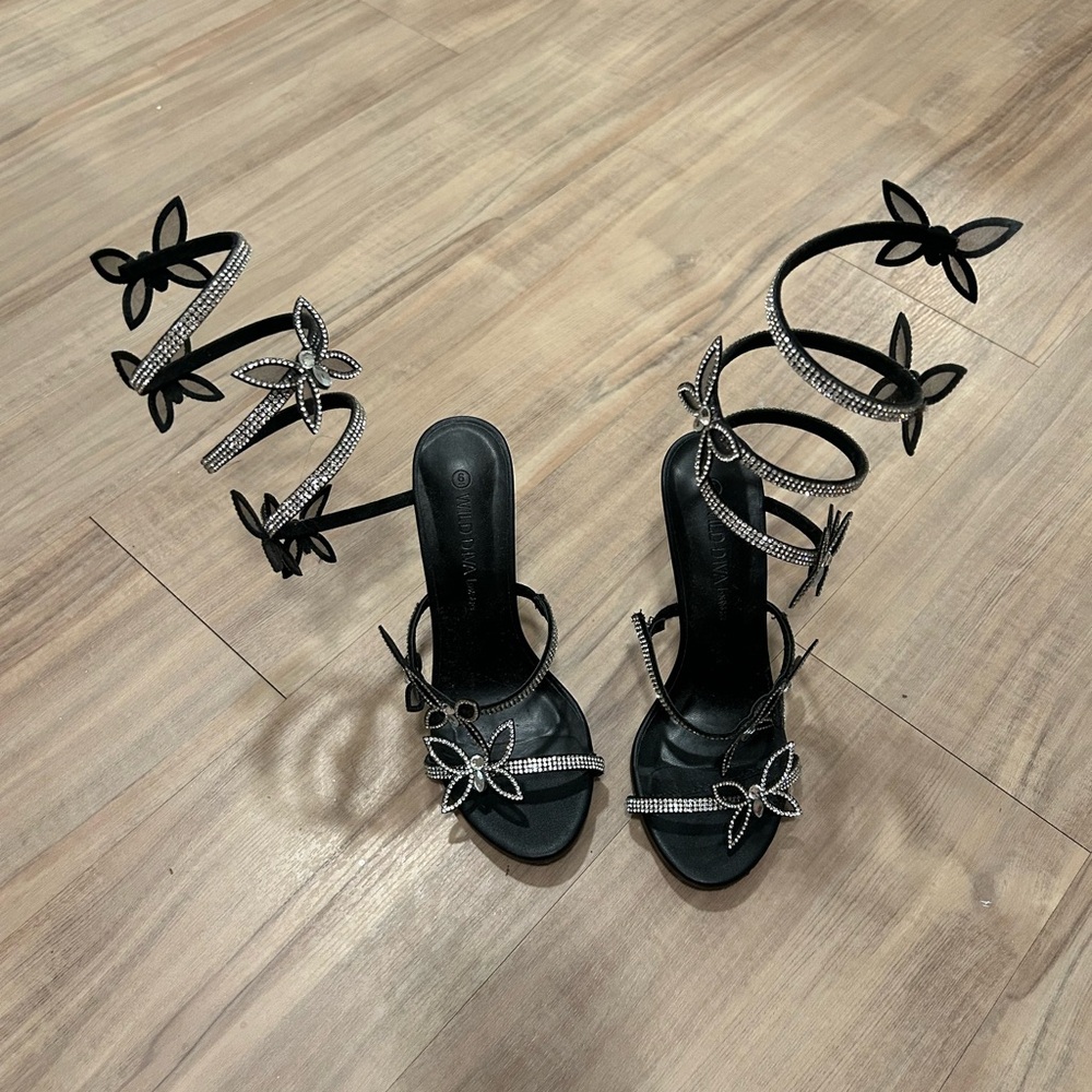 Black Rhinestone Flower Wrap heels
